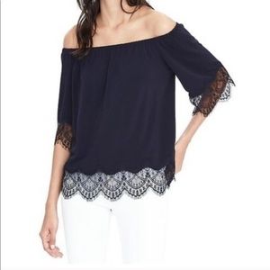 NEW! navy off shoulder top with lace detail xs